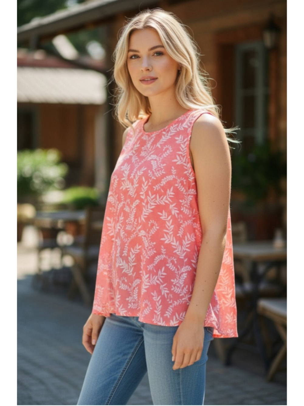 Women's Cristina B Tank Top Size L Coral White Floral Sleeveless